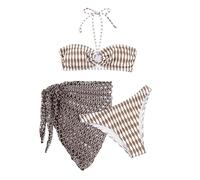 MALSSE 3Pcs Women Bandeau Swimsuit Set With Hollow Beach Wrap Skirt Two Pieces Halterneck Swimming Costume Bandeau Swim Top Soft Fabric