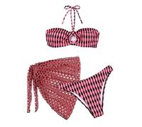 MALSSE 3Pcs Women Bandeau Swimsuit Set With Hollow Beach Wrap Skirt Two Pieces Halterneck Swimming Costume Bandeau Swim Top Soft Fabric