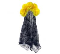 MALSSE Halloween Party Essential Realistic Flower Headpiece With Flowing Black Wrap Role Play Cosplay Outfit Enchanting Headgear