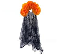MALSSE Halloween Party Essential Realistic Flower Headpiece With Flowing Black Wrap Role Play Cosplay Outfit Enchanting Headgear