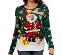 MALSSE Light Up Ugly Christmas Jumper Cartoon Santa Pattern Acrylic Knitted Pullover Top For Women Festival LED Sweater Shirt Santa Knit Top