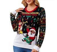 MALSSE Light Up Ugly Christmas Jumper Cartoon Santa Pattern Acrylic Knitted Pullover Top For Women Festival LED Sweater Shirt Santa Knit Top