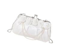MALSSE Stylish Rose Flower Silk Clutches Bag For Weddings Parties Elegant Pearls Chain Wedding Crossbody Chain Handbag Purse Silk Rose Clutch Bag