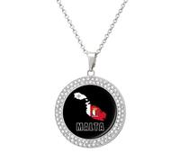 Malta Flag Map National Emblem Fashion Necklace Chain Round Graphic Pendant with Diamond Jewellery Unisex Silver-style