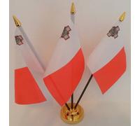 Malta Maltese 3 Flag Desktop Table Display With Gold Base