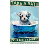 Maltese 8x12 Inch Aluminum Sign for Dog Lovers Take A Bath You Dirty Hippie-Vintage Retro Dog Metal Wall Art,Dog Hippie Metal Tin Sign for Home Toilet Bathroom