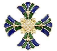 Maltese Cross Brooch Pin Pearl Gold Tone Green Blue Enamel Pendant Medieval