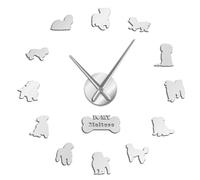 Maltese Dog Breed Frameless 3D DIY Wall Clock Artificial Cute Puppy Maltese Yorkie Terrier Mute Wall Watch Gift For Pet Lover(Silver,47inch)