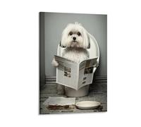 Maltese Dog Sitting on The Toilet Reading A Newspaper Funny Bathroom Wall Art Funny Dog Animal Poster Posters For Toilet Canvas Poster Wall Art Decor Print Picture Paintings for Living Room Bedroom De