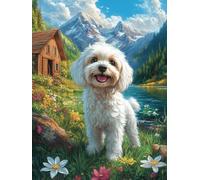 Maltese in A Mountain Meadow 300 Piece Complete DIY Jigsaw Puzzle Wildlife Pet Collectors Mind Relaxation Educational Decorative Puzzle Gifts for Adults Sturdy Thick Cardboard 300 PCS