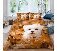 Maltese King Size Duvet Cover Set Autumn Leaves and Pet Dogs Bedding 3D Soft Comfort Microfiber Quilt Cover 220x230 cm with Zipper Closure and 2 Pillowcases for Kids Teenager Adults U.2788