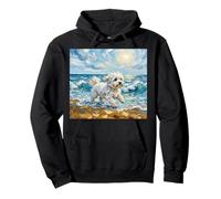 Maltese White Dog on a Sunny Beach Summer Artwork Pullover Hoodie