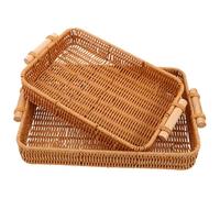 MALUGOGO 2Pcs Handwoven Natural Rattan Storage Baskets with Handles, Rectangular Bread and Fruit Organizer Trays for Living Room and Kitchen, Handmade Wicker Storage Basket Set