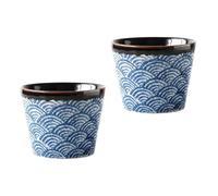 MALUGOGO 2pcs Japanese-Style Glazed Ceramic Sake Serving Cups 200ml Sea Wave Ripple Pattern Heat-Resistant Porcelain Drinkware for Home and Asian Tea Ceremony