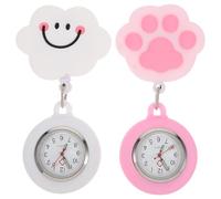 MALUGOGO 2pcs Lovely Nurse Pocket Watches with Stretchable Retractable Clip Silicone Fob Hanging Watches for Staff Cute White Cloud Pink Cat Paw Design for Nurses and Students