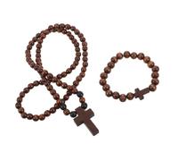 MALUGOGO 2pcs Rosary Bead Necklace Bracelet Set in Wooden Coffee Finish | Smooth Burr-free Wood, Reinforced Stringing, Home Meditation and Church Worship, Baptism Holiday Use