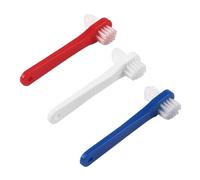MALUGOGO 3pcs Denture Toothbrushes for Adults Double-Head Small Size Manual Teeth Cleaning Brush Set for False Teeth Care with White, Red and Blue Handles