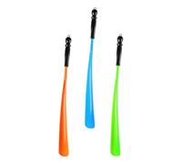 MALUGOGO 3pcs Portable Shoe Lifter Tool with Rational Bending Radian for Home Use, Convenient Shoehorn Tool in Green, Blue, and Orange with Hanging Ring for Easy Shoe Wearing