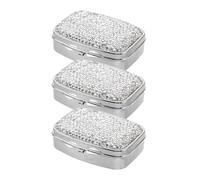 MALUGOGO 3pcs Rhinestone Small Travel Case 2 Compartment Metal Pill Organizer Luxury Design Compact Bling Glamour Portable for Pocket Daily Use at Work