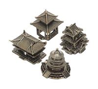 MALUGOGO 4pcs Brass Pavilion Figurine Set, Vintage Oriental Pagoda Sculptures, Multifunctional Paperweight and Feng Shui Decor for Zen Garden Or Home Display