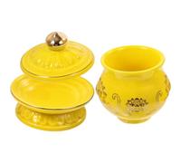 MALUGOGO Lotus Water Offering Cup Lid Ceramic Round Tray for Altar Decor | Yellow Retro Style, Shiny Carved Finish, Prayer Corner or Office Use, for Small Keepsakes