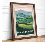 Malvern Hills Landscape Vintage Framed Wall Art Print A4 Walnut
