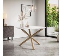 (White Marble Effect) Malvern Round Dining Table 4-6 Seater w Solid Oak Legs