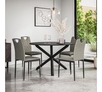 Malvern Round Dining Table And Chairs - Black Table Top w Solid Oak Black Legs + Monza Fabric Dining Chair Set Of 4 More4Homes Grey One Size