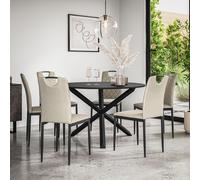 (Beige) Malvern Round Black Dining Table Set w Black Oak Legs w 4-6 Monza Fabric Chair