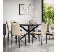 Malvern Round Dining Table And Chairs - Black Table Top w Solid Oak Black Legs + Monza Faux Leather Dining Chair Set Of 6 More4Homes Beige One Size