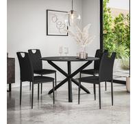 (Black) Malvern Round Black Dining Table Set w Black Oak Legs w 4-6 Monza Chairs