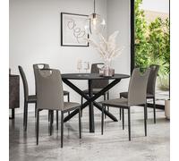 (Grey) Malvern Round Black Dining Table Set w Black Oak Legs w 4-6 Monza Chairs