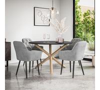 (Grey) Malvern Round Black Dining Table Set w Oak Legs w 4 Anika Velvet Chairs