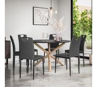 Malvern Round Dining Table And Chairs - Black Table Top w Solid Oak Legs + Monza Fabric Dining Chair Set Of 6 More4Homes Charcoal One Size