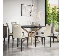 Malvern Round Dining Table And Chairs - Black Table Top w Solid Oak Legs + Monza Fabric Dining Chair Set Of 6 More4Homes Beige One Size