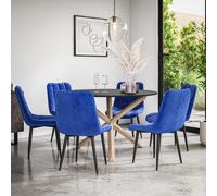 Malvern Round Dining Table And Chairs - Black Table Top w Solid Oak Legs + Nova Velvet Dining Chair Set Of 6 More4Homes Blue One Size