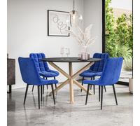 Malvern Round Dining Table And Chairs - Black Table Top w Solid Oak Legs + Nova Velvet Dining Chair Set Of 4 More4Homes Blue One Size