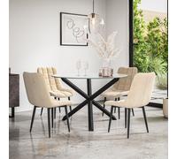 (Beige) Malvern Round Glass Dining Table Set w Black Oak Legs w 4-6 Nova Velvet Chair