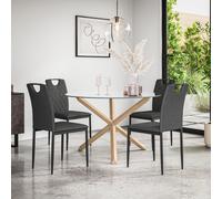 Malvern Round Dining Table And Chairs - Clear Glass Table Top w Solid Oak Legs + Monza Fabric Dining Chair Set Of 4 More4Homes Charcoal One Size