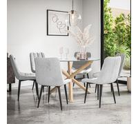 Malvern Round Dining Table And Chairs - Clear Glass Table Top w Solid Oak Legs + Nova Velvet Dining Chair Set Of 6 More4Homes Grey One Size