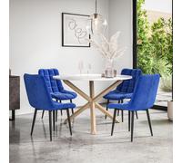 Malvern Round Dining Table And Chairs - Marble Table Top w Solid Oak Legs + Nova Velvet Dining Chair Set Of 4 More4Homes Blue One Size
