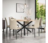Malvern Round Dining Table And Chairs - Oak Table Top w Solid Oak Black Legs + Monza Faux Leather Dining Chair Set Of 6 More4Homes Beige One Size