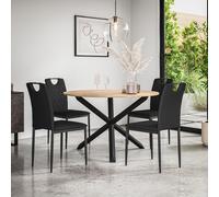 Malvern Round Dining Table And Chairs - Oak Table Top w Solid Oak Black Legs + Monza Faux Leather Dining Chair Set Of 4 More4Homes Black One Size