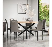 Malvern Round Dining Table And Chairs - Oak Table Top w Solid Oak Black Legs + Monza Faux Leather Dining Chair Set Of 6 More4Homes Grey One Size