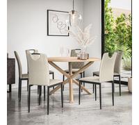 (Beige) Malvern Round Oak Effect Dining Table Set w Oak Legs w 4-6 Monza Linen Chair