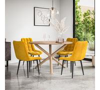 Malvern Round Dining Table And Chairs - Oak Table Top w Solid Oak Legs + Nova Velvet Dining Chair Set Of 4 More4Homes Mustard One Size