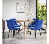 Malvern Round Dining Table And Chairs - Oak Table Top w Solid Oak Legs + Nova Velvet Dining Chair Set Of 4 More4Homes Blue One Size