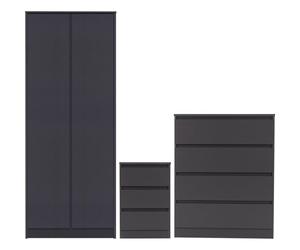 Malvern Trio Bedroom Set Wardrobe Chest of Drawers Bedside Grey Finish