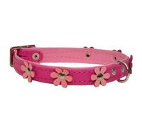 MALWERA PINK LEATHER DOG COLLAR FLOWER Designer DAISY COLOUR PADDED Handmade PINK with BABY PINK lining and PINK FLOWER (13" 1.4cm wide/ 35cm long)
