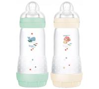 MAM - Easy Start Anti-Colic Baby Bottle, 4+ Months, Fast Flow (2 x 320 ml) Mint + Cotton - Bottle to Reduce Colic and Discomfort of the Baby - Baby Bottle for Breastfeeding
